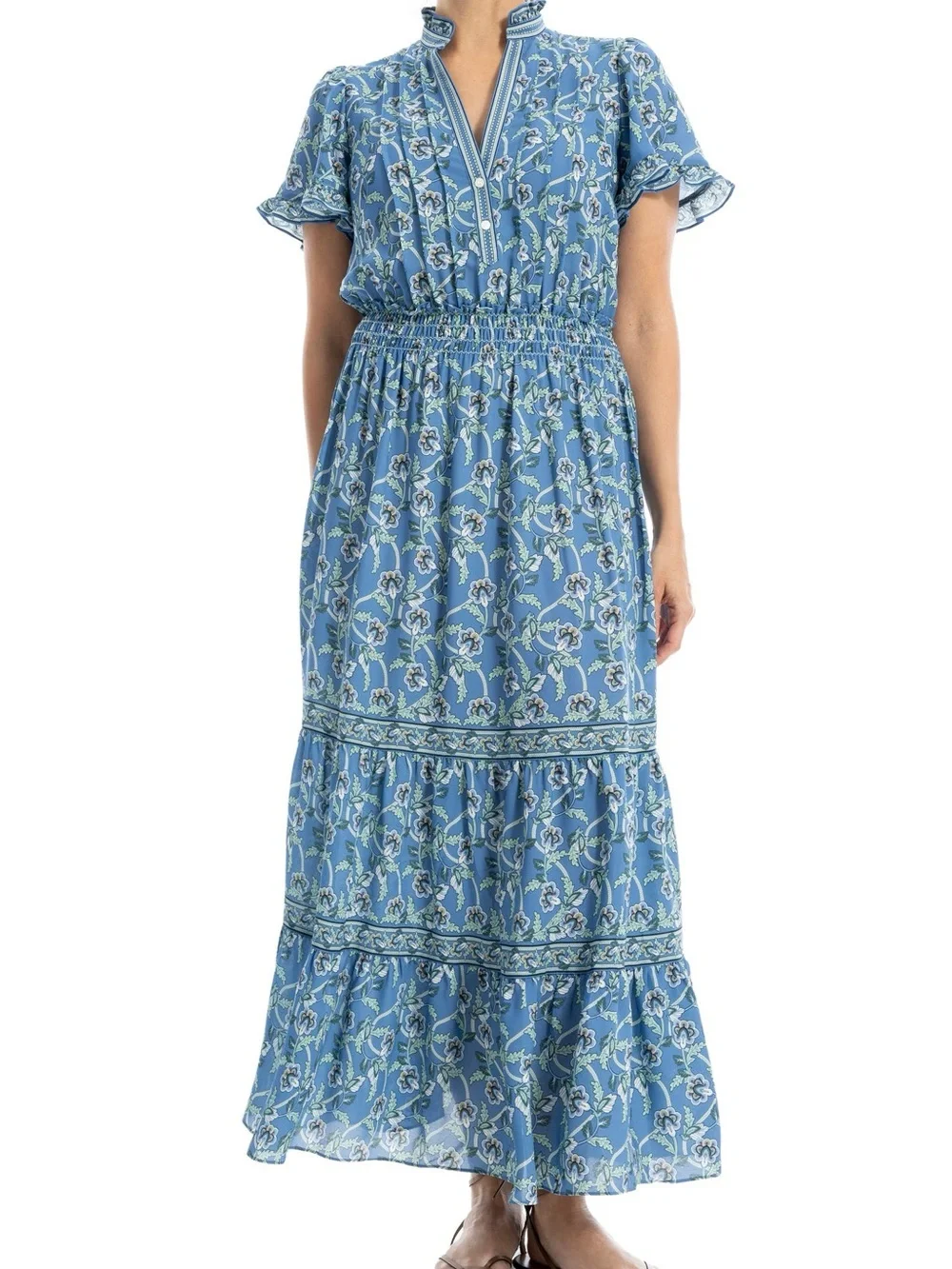 max studio blue floral maxi dress MAX STUDIO Smocked Flutter Sleeve Maxi Dress in Blue Leafy Floral Wave at Nordstrom Rack, Size X-Large